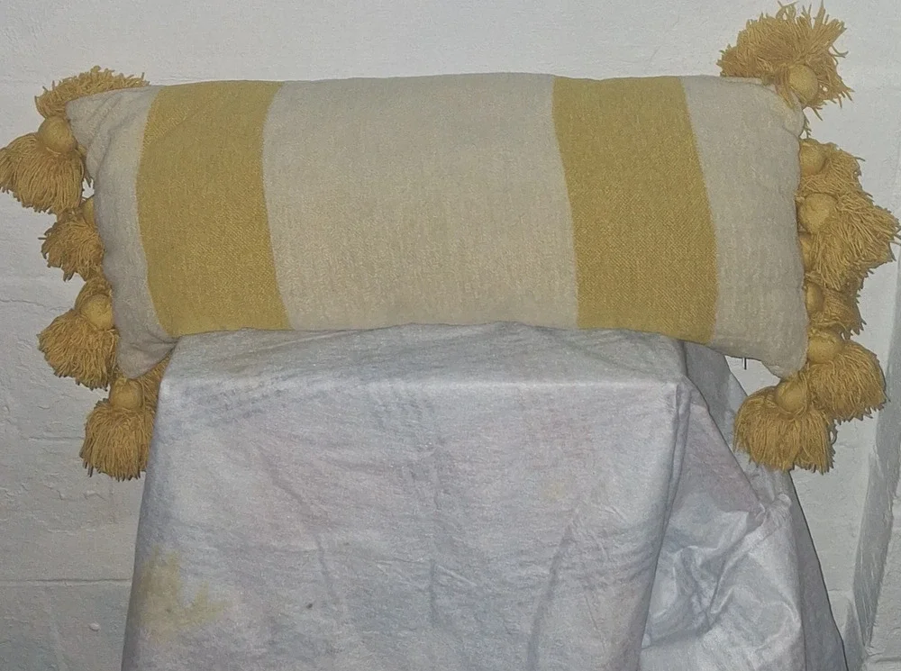 Yellow Beige Striped Rectangular Decorative Pillow with Tassels Textured Fabric